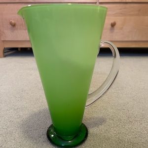 MCM Green Glass Pitcher White Cased 9 1/8” Tall